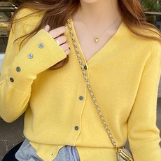 Paperments 女性V領鈕扣羅紋長袖開襟衫 23132