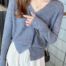 Paperments 女性V領鈕扣羅紋長袖開襟衫 23132