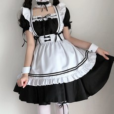 Elsso 女性萬聖節性感甜美女僕大尺碼短袖連身裙角色扮演服 + 圍裙 + 手環 2入 + 頸飾套裝