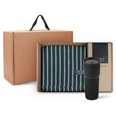 飯店精選 條紋素色 44 毛巾 220g 精梳棉 + 咖啡隨行杯 709ml 套組, 1個, 洗臉巾_綠色+隨行杯_黑色