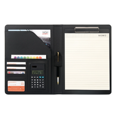 STARIUM 皮革報告夾 便條夾 + 計算機 33cm x 26cm, 1個, 黑色
