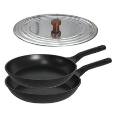 Kitchen-Art Cote Silver IH電磁爐適用鍋具3件組, 平底鍋 26cm+平底鍋 28cm+不鏽鋼木柄手把氣孔鍋蓋 26~32cm, 1組, 黑色