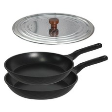 Kitchen-Art Cote Silver IH電磁爐適用鍋具3件組, 平底鍋 26cm+平底鍋 28cm+不鏽鋼木柄手把氣孔鍋蓋, 1組, 黑色