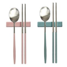 프렐류드 다비데 2인 수저 + 수저받침 세트, 인디핑크,그린, 숟가락 2p + 젓가락 2p + 수저받침 2p, 1세트