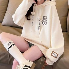 MEICHEL 女款可愛抽繩熊熊圖案前口袋長袖連帽T恤 13541