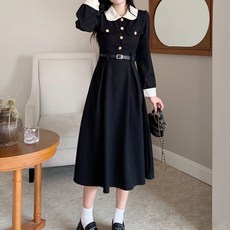 페이퍼먼츠 둥근 카라 골드버튼 벨티드 플레어 원피스 23359