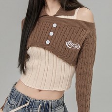 비비에모 여성용 민소매 카라 티셔츠 + 숏 빈티지 니트 세트 07242