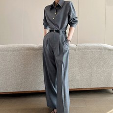 ViVEMO 女款翻領長袖襯衫 + 寬版長褲套裝 07301