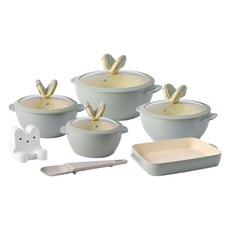 Kitchenwell IH電磁爐用頂級鍋具7件組, 1套, 翡翠綠, 16cm雙耳鍋 + 18cm雙耳鍋 + 20cm雙耳鍋 + 22cm雙耳鍋 + 鍋具架 + 料理匙 + 煎烤盤