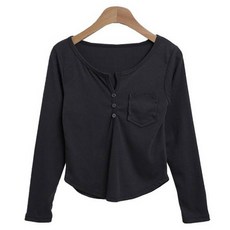 시크블랙 여성용 코르델 버튼 유넥 골지 포켓 스판 긴팔티 cpt15672k48