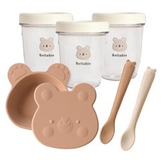 Bellable 孩童副食品餐具周歲禮盒組 密封罐 3罐+餐碗+餵食湯匙 2支, 棕色, 1組