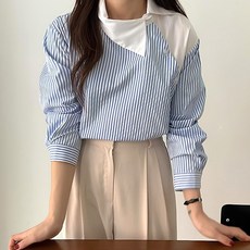 비비에모 여성용 사이드 단추 배색 카라 스트라이프 셔츠 07314