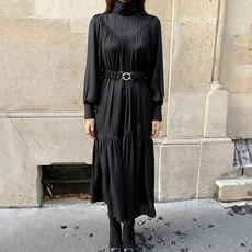 비비에모 터틀넥 브이절개 셔링 벨트 벌룬 롱원피스 07297