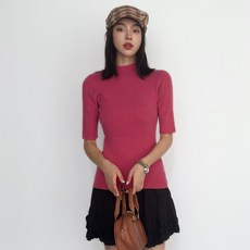 더시럽 여성용 하이넥 7부 소매 골지 니트티