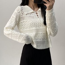 페이퍼먼츠 여성용 크롭 카라 시스루 뜨개 니트 티셔츠 23197