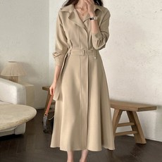 Paperments 翻領綁帶長袖傘狀洋裝 23176, 米色