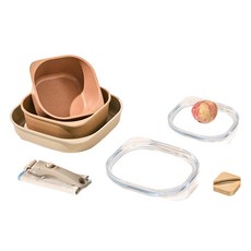 nEOFLam FIKA Object Comfort系列陶瓷不沾鍋具8件組, 方形鍋 16cm+淺方形鍋 20cm+方形平底鍋 25cm+方形玻璃蓋 2入+可拆式把手+樺木隔熱套+保護墊, 1組, 榛果棕+奶茶色+乳白色