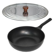 Kitchen-Art IH感應不沾平底炒鍋 黑色+木柄不鏽鋼孔蓋, 26cm, 1組