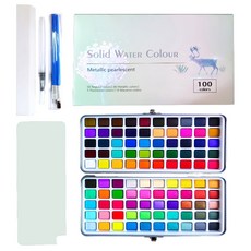 固體水彩調色盤+水刷+小袋隨機出貨套裝, 100色