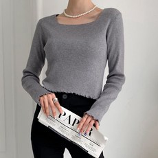 女款彈性羅紋下擺蕾絲方領短版Belleno針織衫