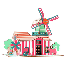 DIY 3D立體木製拼圖 村莊系列 鬱金香牧場, 25件, 混合顏色, 1個