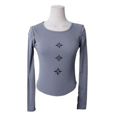 시크블랙 모이로 프린팅 어깨 트임 골지 크롭 긴팔 티셔츠 cpt15790k48