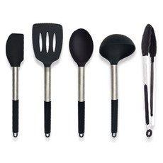 inbloom 矽膠廚房工具5件套, 湯勺 + 刮刀 + 鍋鏟 + 炒匙 + 食物夾, 1套, 黑色