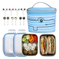 雙層不鏽鋼便當盒組 飯盒 + 菜盒 + 保溫保冷袋 + 配菜叉, 藍色, 1套