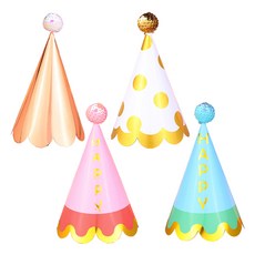 Mii Mii Party 派對生日尖頂帽4件組, 1套, 波浪毛球混搭