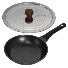 Kitchen-Art Cote Silver IH電磁爐適用鍋具2件組, 平底鍋 20cm+不鏽鋼木柄手把氣孔鍋蓋 18~24cm, 1組, 黑色