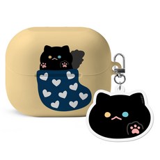 Imooi Posomi Galaxy Buds3 / Buds3 Pro 硬殼保護套 + 鑰匙圈套組, 襪子黑貓, 1套, 單一商品