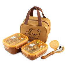 拉拉熊提袋 2層雙層不鏽鋼便當 + 便利湯匙快樂組, 棕色, 1套