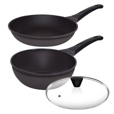 오퇴르 시어터 주물 프라이팬 세트 3개, 다크브라운, 1세트, 프라이팬 20cm + 궁중팬 20cm + 유리뚜껑 20cm