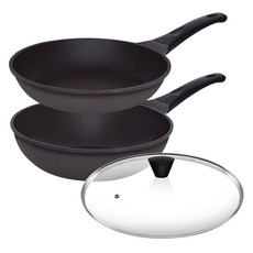 Theater鑄造鍋具 3件組, 深棕色, 平底鍋 26cm+深炒鍋 26cm+玻璃鍋蓋 26cm, 1組