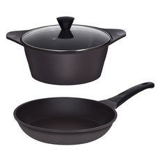 Theater系列韓國產陶瓷塗層鍋具2件組, 雙耳鍋 20cm+平底鍋 20cm, 深棕色, 1組