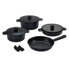 HC Happy Col IH電磁爐平底鑄造鍋具5件組, 1組, 黑色, 20雙手鍋+24cm雙手鍋+24cm燉鍋+26cm煎鍋+2個矽膠手柄