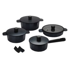 HAPPYCALL Flanc IH 電磁爐鑄鐵鍋具4件組, 18cm單柄鍋 + 20cm雙耳鍋 + 24cm雙耳鍋 + 24cm火鍋 + 矽膠把手2入, 1套, BLACK