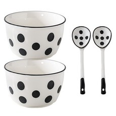 Magu Magu 圓點陶瓷飯碗湯碗組 HTC547, 黑白色, 飯碗湯碗 2入 + 湯匙 2入, 1套