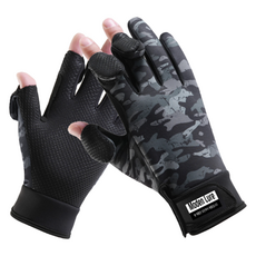 모든루어 冬季防寒用露三指防滑刷毛釣魚手套, 1個, 迷彩圖案