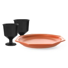 PRELUDE 高腳杯 2p + Simple 主餐盤組, 黑色(高腳杯), 胡蘿蔔色(主餐盤), 1套