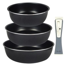 OSBEL IH電磁爐適用可拆式手柄鍋具4件組, 炒鍋 20cm+炒鍋 24cm+炒鍋 28cm+魔術手柄, 1組, 黑色