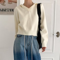 KnitNJean 女款寬鬆V領短版針織連帽衫