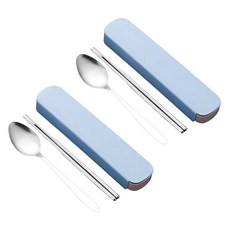 Momtool 微笑便當餐具 2組, 1組, 藍色, 勺子 2p + 筷子 2p + 盒子 2p