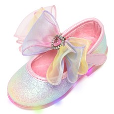 LA STELLA 女童華麗緞帶LED絨毛平底鞋 發光冬季愛心緞帶防寒公主鞋