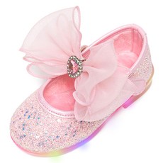 LA STELLA 女童華麗緞帶LED絨毛平底鞋 發光冬季愛心緞帶防寒公主鞋