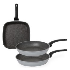 QUEEN SENSE Daily鍋具3件組, 方形煎鍋 27cm+平底鍋 24cm 2入, 灰色, 1組