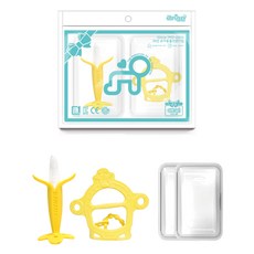 ange 固齒器 2款 + 收納盒 2個 套組, 黃色(長頸鹿手環), 1套, 固齒器 香蕉牙刷 + 長頸鹿手環 + 收納盒2個