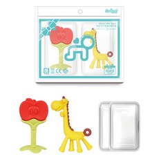 ange 固齒器 2款 + 收納盒 2個 套組, 混和顏色, 1套, 固齒器 長頸鹿 + 蘋果 + 收納盒2個