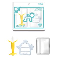 ange 固齒器 2款 + 收納盒 2個 套組, 藍色(猴子手環), 1套, 固齒器 香蕉牙刷 + 猴子手環 + 收納盒2個