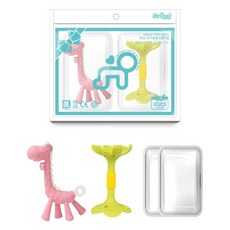 ange 固齒器 2款 + 收納盒 2個 套組, 粉紅色(長頸鹿), 綠色(嘴唇), 1套, 固齒器 長頸鹿 + 嘴唇 + 收納盒2個